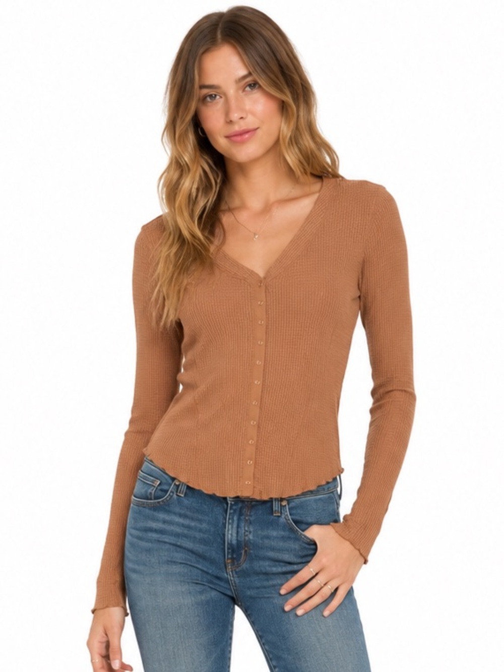 NWT Intimately Free People Going Places‎ Waffle Knit Snap Top Brown S Boho